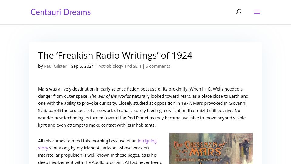 Screenshot of centauri-dreams.org: The 'Freakish Radio Writings' of 1924