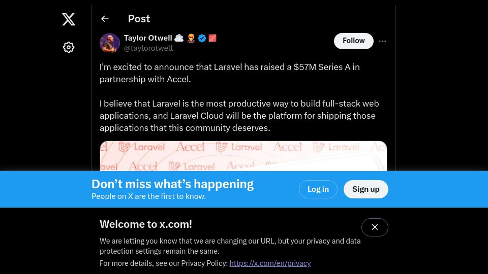 Screenshot of twitter.com: Laravel has raised a $57M Series A in partnership with Accel