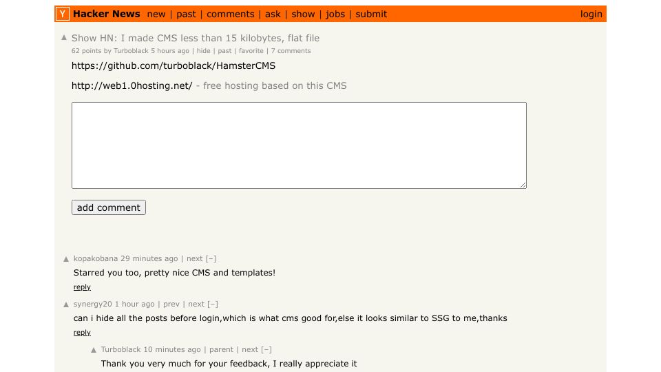 Screenshot of Hacker News post: Show HN: I made CMS less than 15 kilobytes, flat file