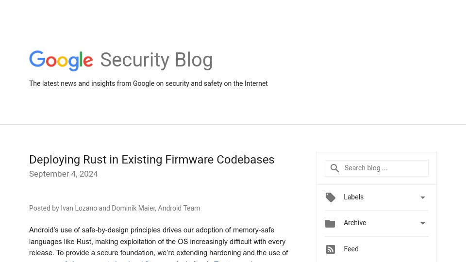 Screenshot of security.googleblog.com: Deploying rust in existing firmware codebases