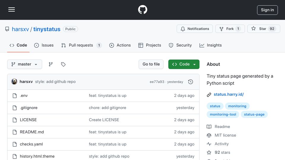Screenshot of github.com: Tinystatus: A tiny status page generated by a Python script