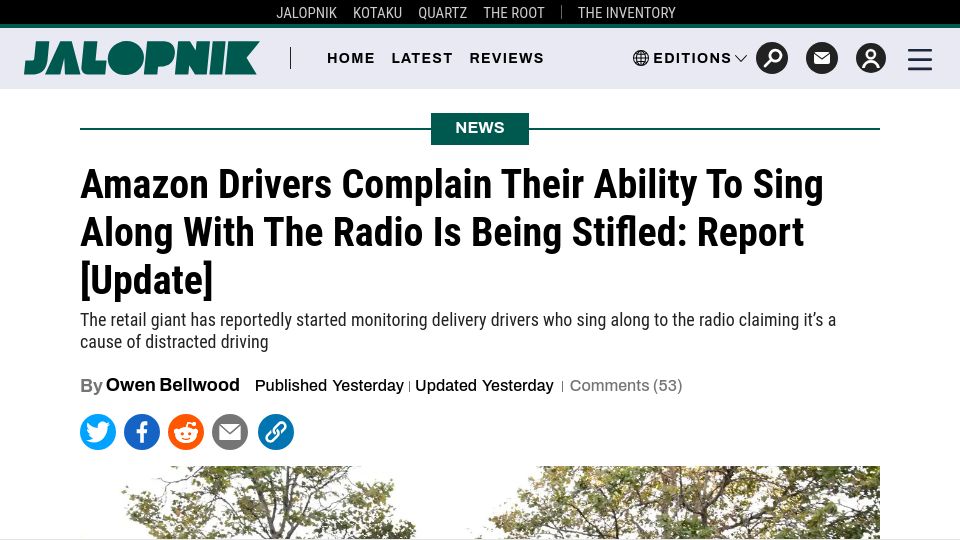 Screenshot of jalopnik.com: Amazon Drivers Complain Their Ability to Sing Along the Radio Is Being Stifled
