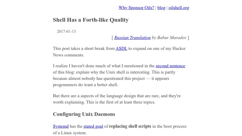 Screenshot of oilshell.org: Shell Has a Forth-Like Quality (2017)