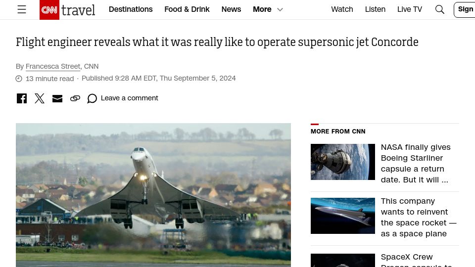 Screenshot of cnn.com: Flight engineer reveals what it was like to operate Concorde