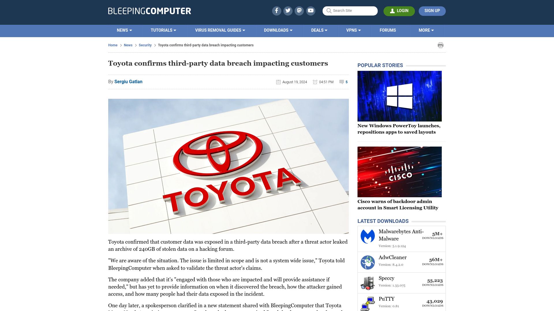 Screenshot of bleepingcomputer.com: Toyota confirms third-party data breach impacting customers