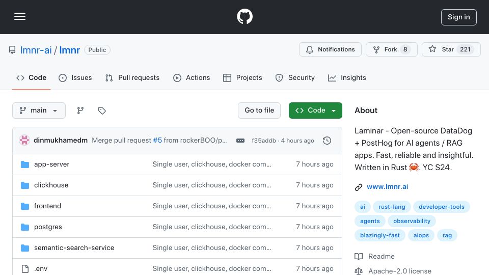 Screenshot of github.com: Show HN: Laminar – Open-Source DataDog + PostHog for LLM Apps, Built in Rust