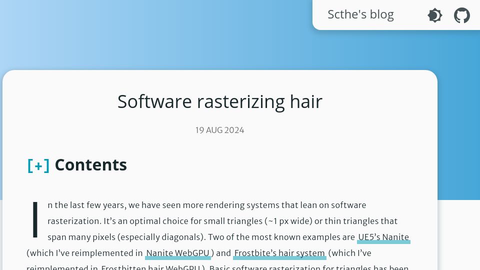 Screenshot of sctheblog.com: Software Rasterizing Hair