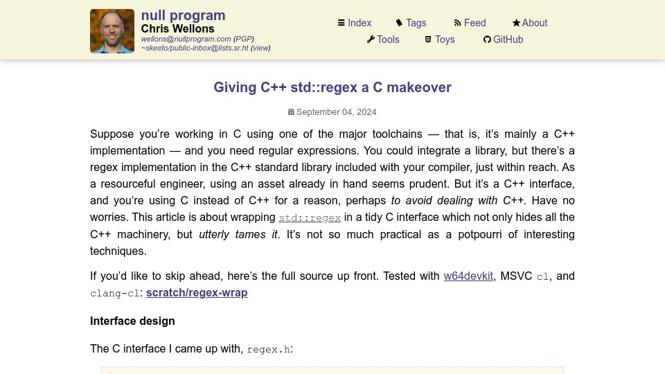 Screenshot of nullprogram.com: Giving C++ std:regex a C makeover