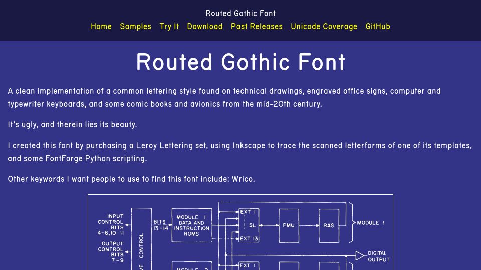 Screenshot of webonastick.com: Routed Gothic Font