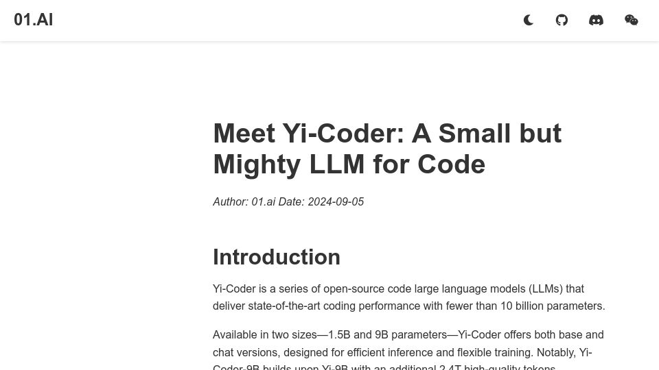 Screenshot of 01-ai.github.io: Yi-Coder: A Small but Mighty LLM for Code