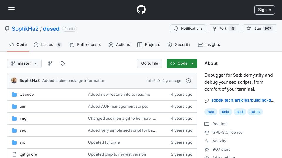 Screenshot of github.com: Desed: Demystify and debug your sed scripts