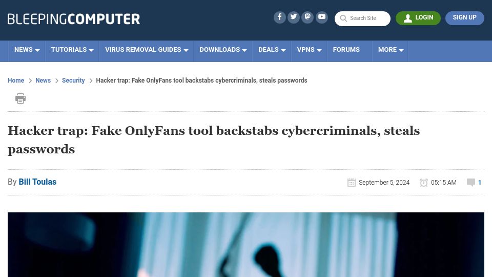 Screenshot of bleepingcomputer.com: Hacker trap: Fake OnlyFans tool backstabs cybercriminals, steals passwords
