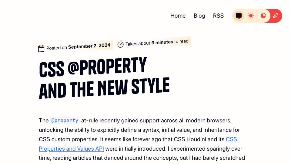 Screenshot of ryanmulligan.dev: CSS @property and the new style