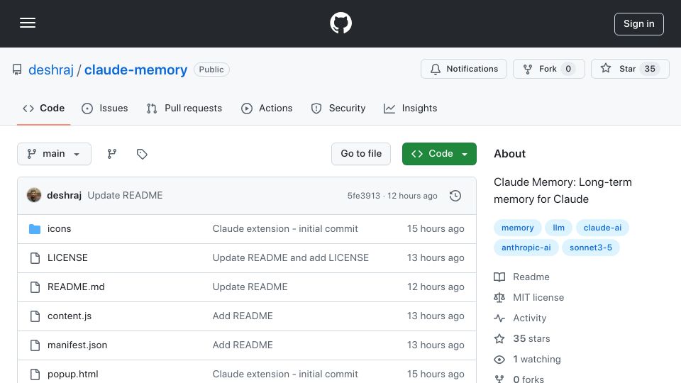 Screenshot of github.com: Show HN: Claude Memory – Long-term memory for Claude