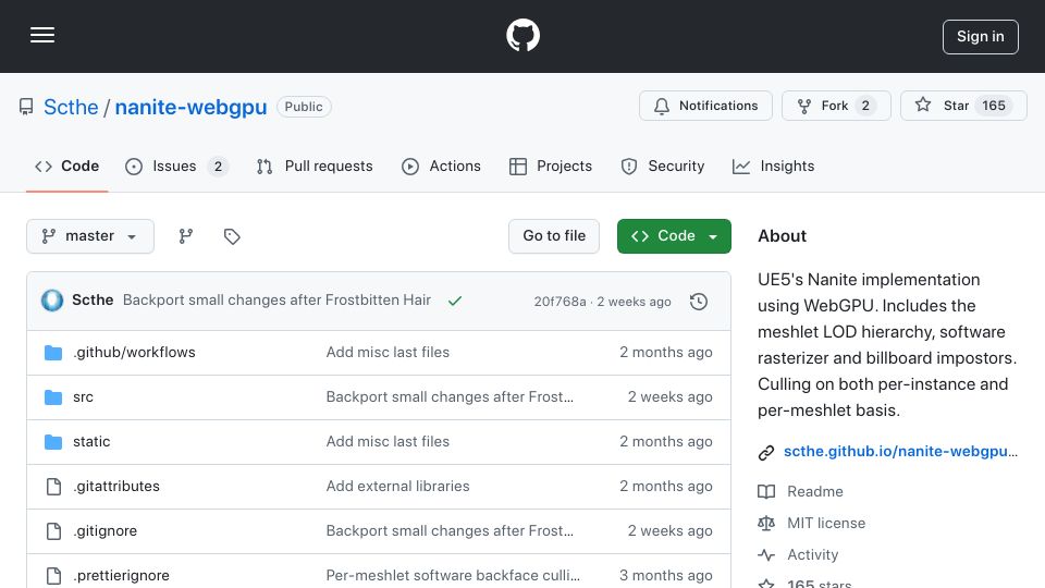 Screenshot of github.com: UE5 Nanite in WebGPU