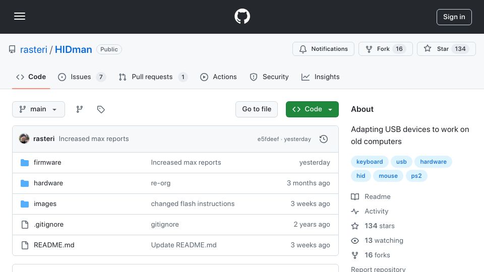 Screenshot of github.com: HIDman Adapting USB devices to work on old computers