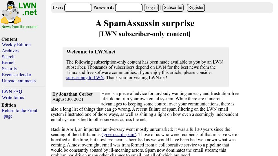 Screenshot of lwn.net: A SpamAssassin Surprise