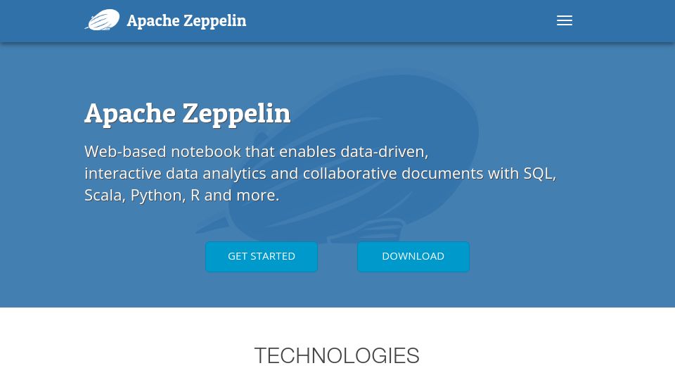 Screenshot of zeppelin.apache.org: Apache Zeppelin