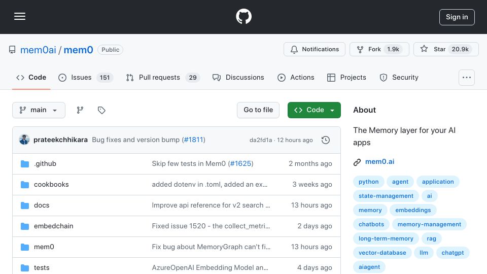 Screenshot of github.com: Show HN: Mem0 – open-source Memory Layer for AI apps