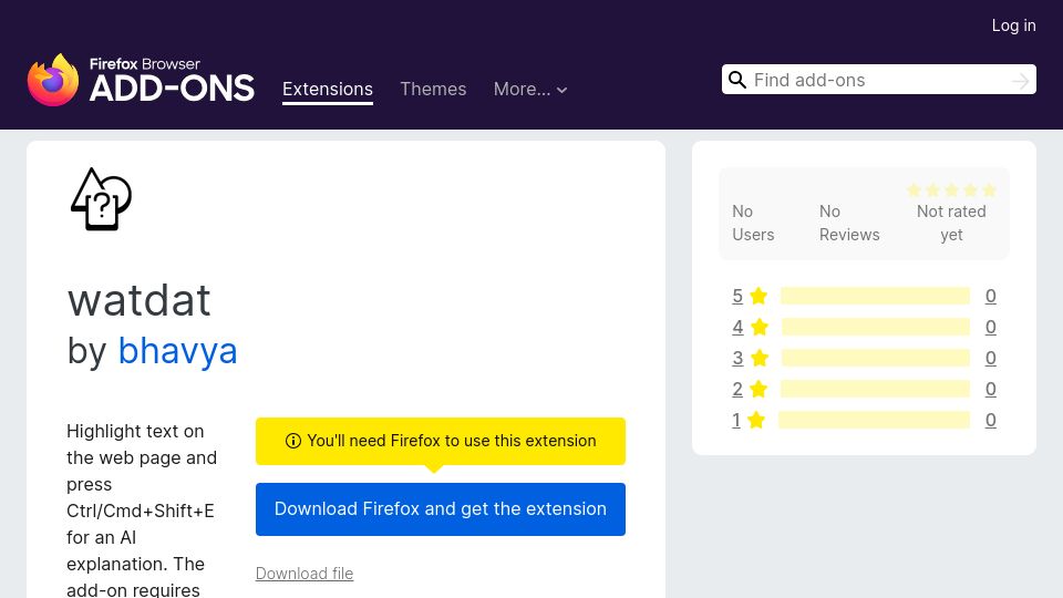 Screenshot of addons.mozilla.org: Show HN: Wat Dat – A Firefox Extension for Instant Text Explanations