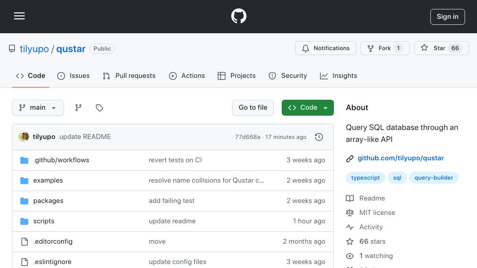 Screenshot of github.com: Show HN: Node.js ORM to query SQL database through an array-like API