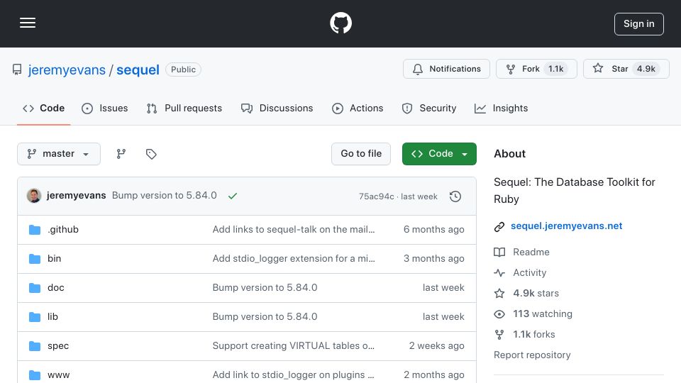 Screenshot of github.com: Sequel: The Database Toolkit for Ruby