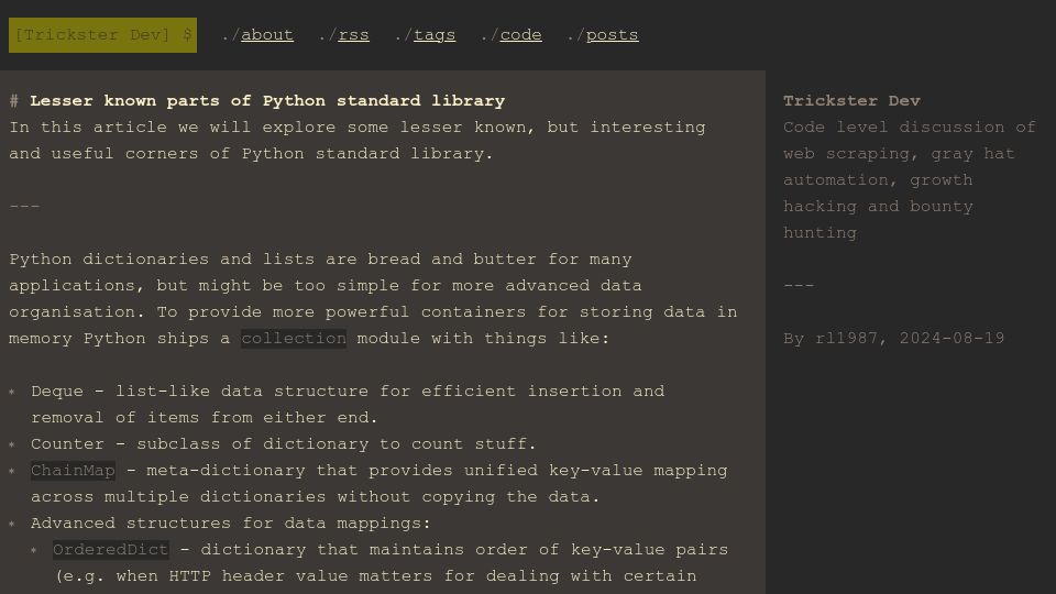 Screenshot of trickster.dev: Lesser known parts of Python standard library