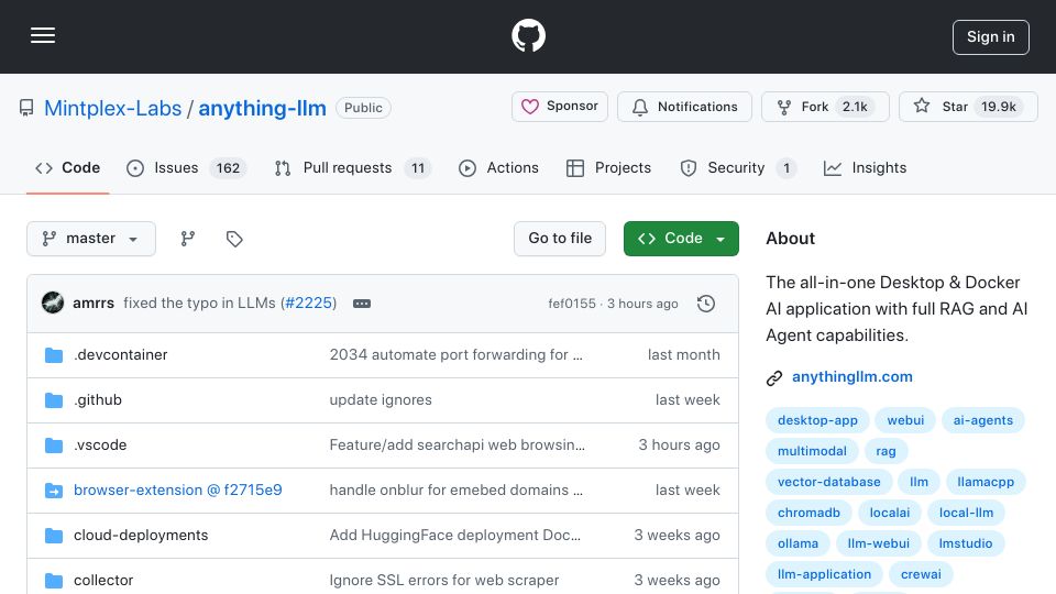 Screenshot of github.com: Show HN: AnythingLLM – Open-Source, All-in-One Desktop AI Assistant