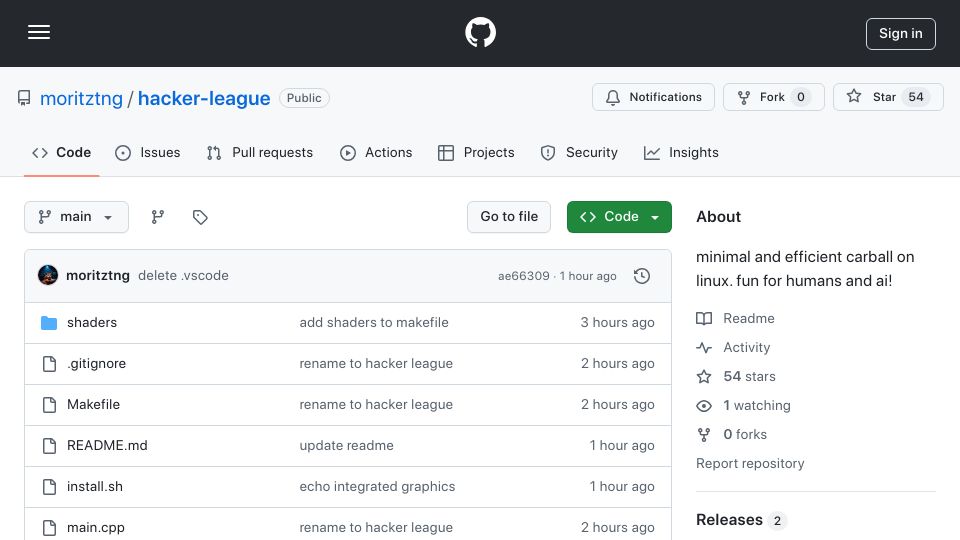 Screenshot of github.com: Show HN: Hacker League – Open-Source Rocket League on Linux