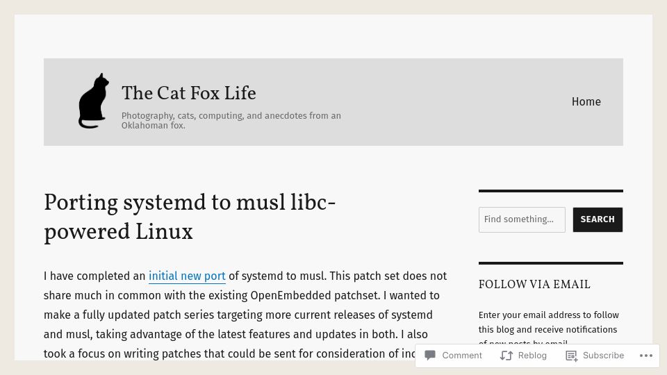 Screenshot of catfox.life: Porting systemd to musl Libc-powered Linux
