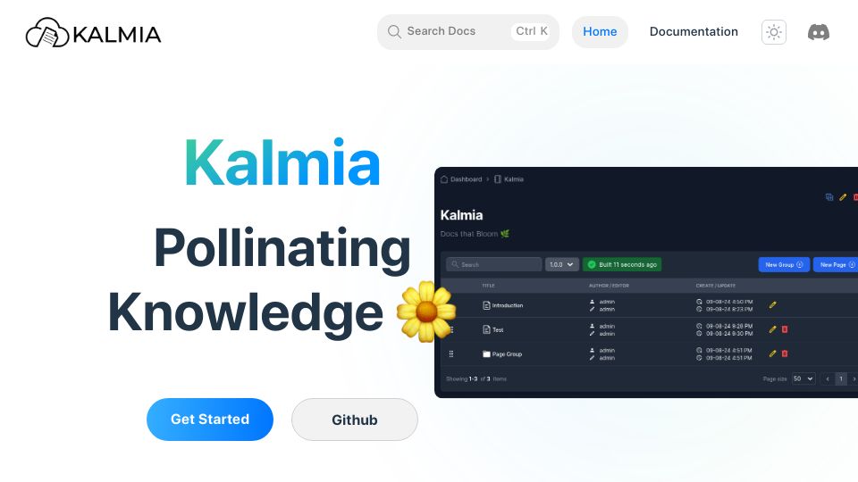 Screenshot of kalmia.difuse.io: Show HN: We built a FOSS documentation CMS with a pretty GUI