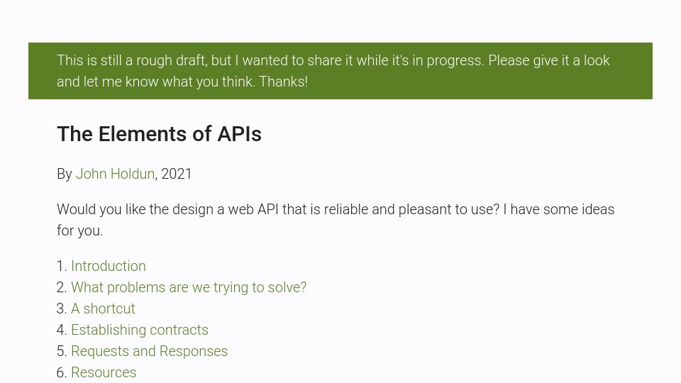 Screenshot of johnholdun.com: The Elements of APIs (2021)