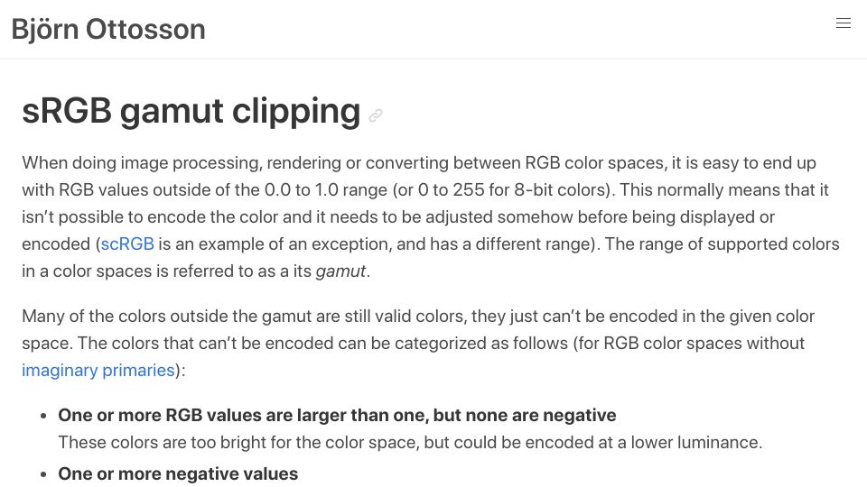 Screenshot of bottosson.github.io: sRGB Gamut Clipping (2021)