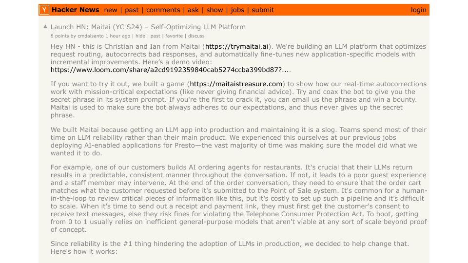 Screenshot of Hacker News post: Launch HN: Maitai (YC S24) – Self-Optimizing LLM Platform