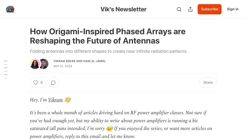 Screenshot of viksnewsletter.com: Origami-Inspired Phased Arrays Are Reshaping the Future of Antennas