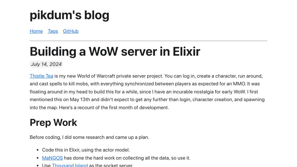 Screenshot of pikdum.dev: Building a WoW (World of Warcraft) Server in Elixir