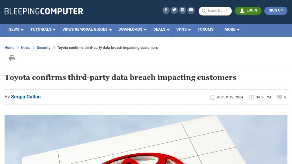 Screenshot of bleepingcomputer.com: Toyota confirms third-party data breach impacting customers