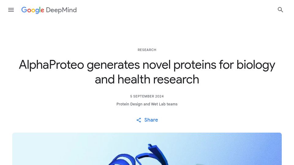 Screenshot of deepmind.google: AlphaProteo generates novel proteins for biology and health research