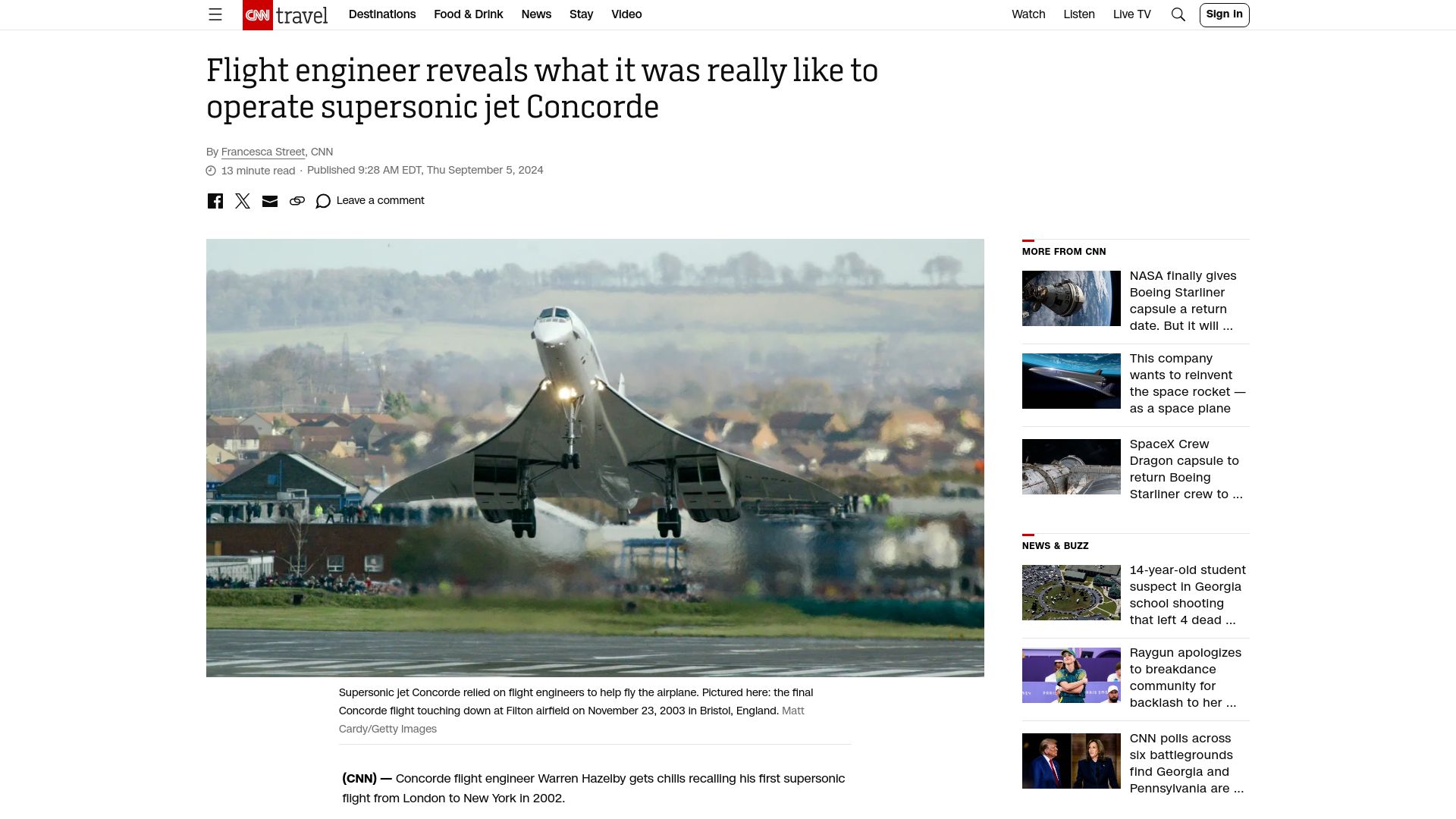 Screenshot of cnn.com: Flight engineer reveals what it was like to operate Concorde