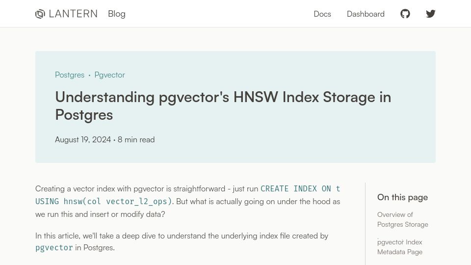 Screenshot of lantern.dev: Understanding Pgvector's HNSW Index Storage in Postgres