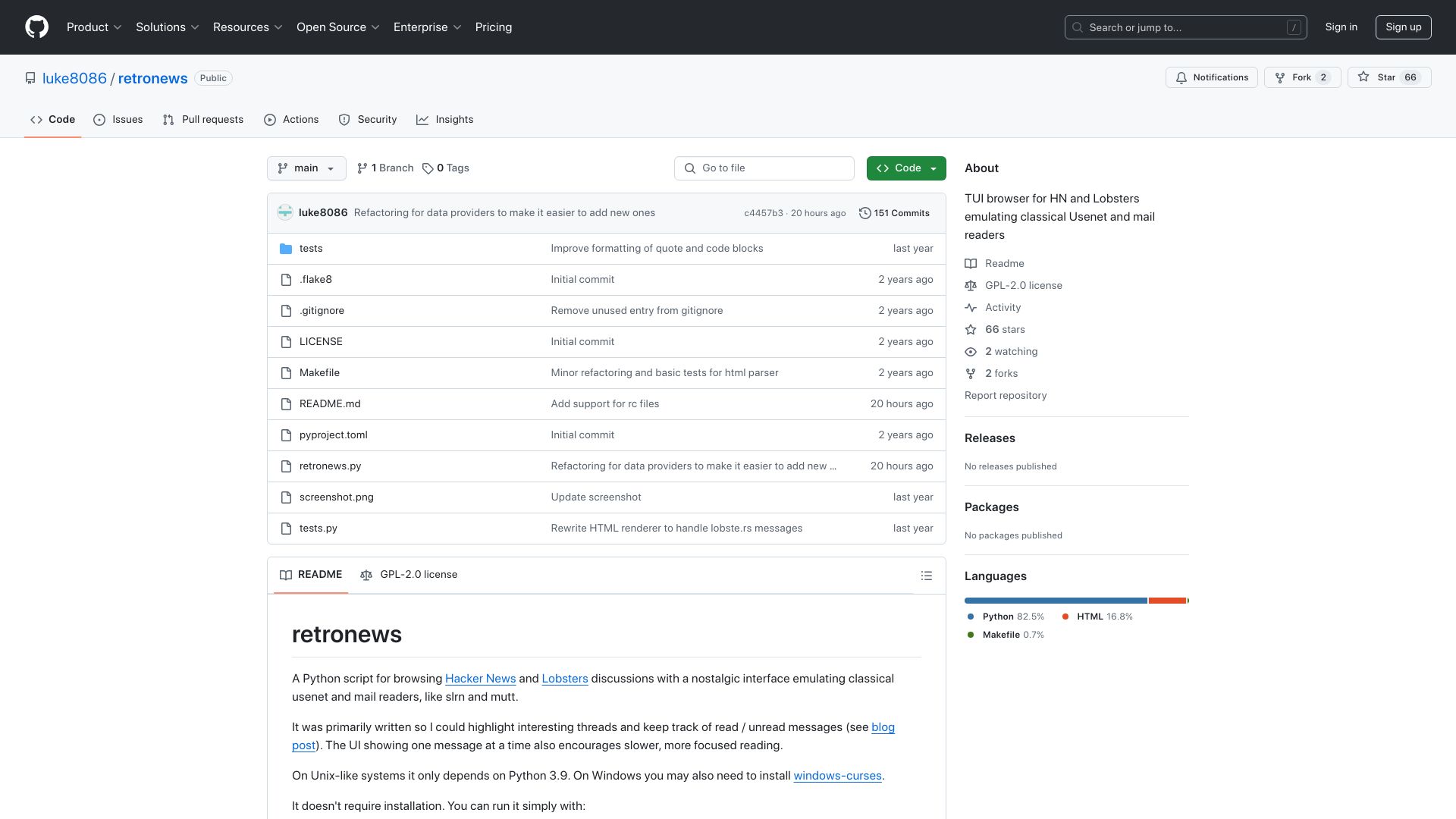 Screenshot of github.com: Show HN: Retronews – TUI for HN and Lobsters emulating classical Usenet readers