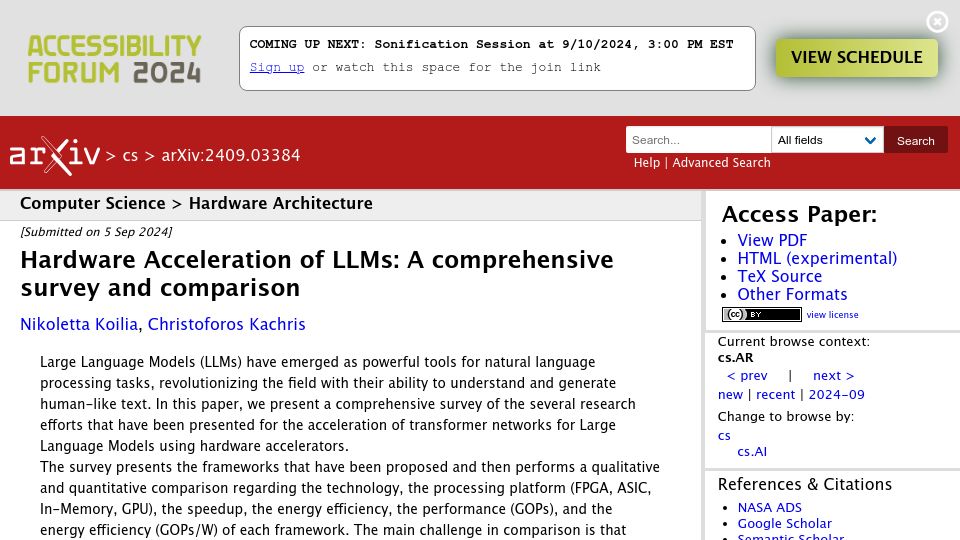 Screenshot of arxiv.org: Hardware Acceleration of LLMs: A comprehensive survey and comparison
