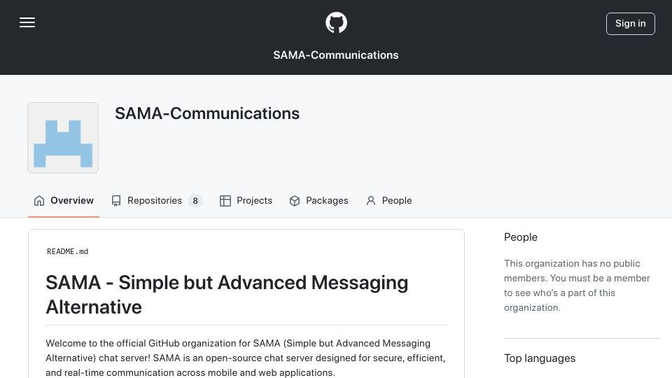 Screenshot of github.com: SAMA – open-source Chat server