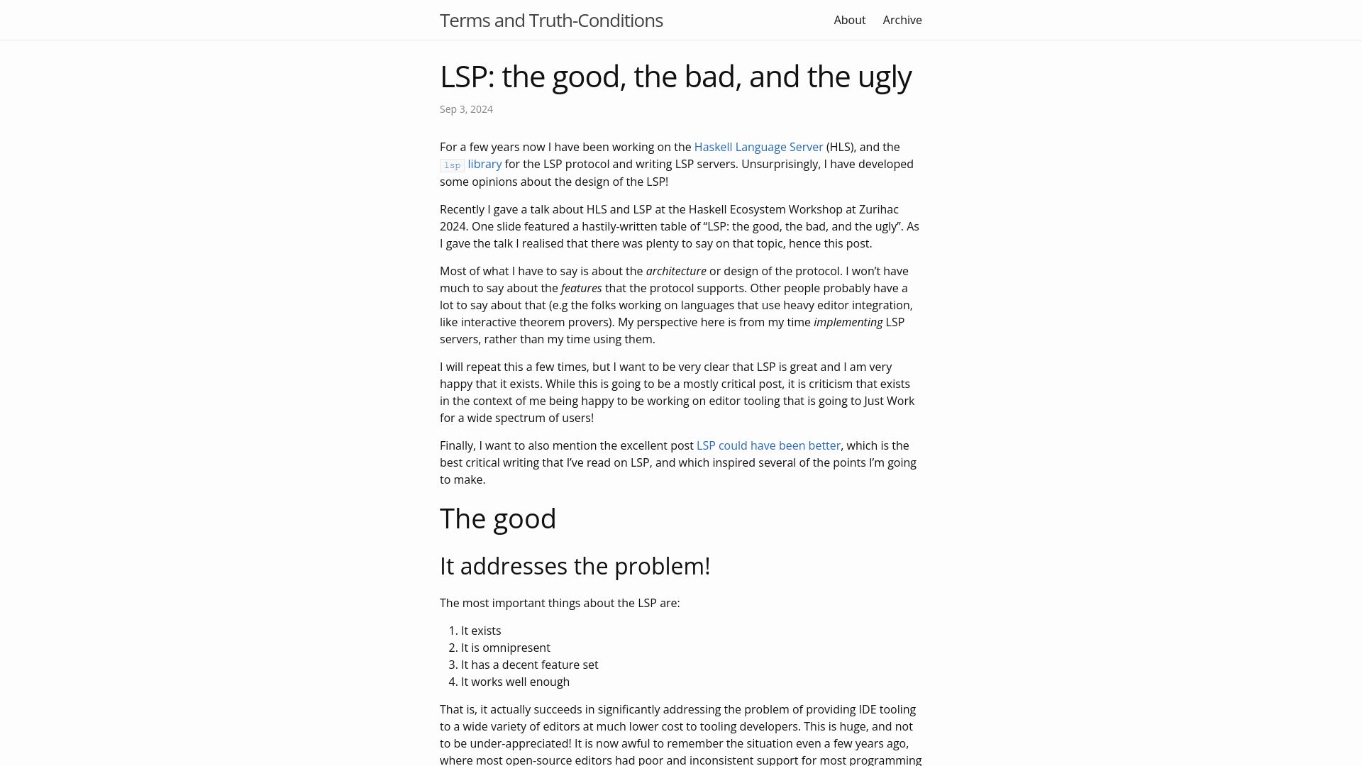 Screenshot of michaelpj.com: LSP: The good, the bad, and the ugly