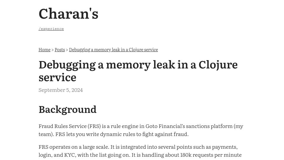 Screenshot of charanvasu.com: Debugging a memory leak in a Clojure service