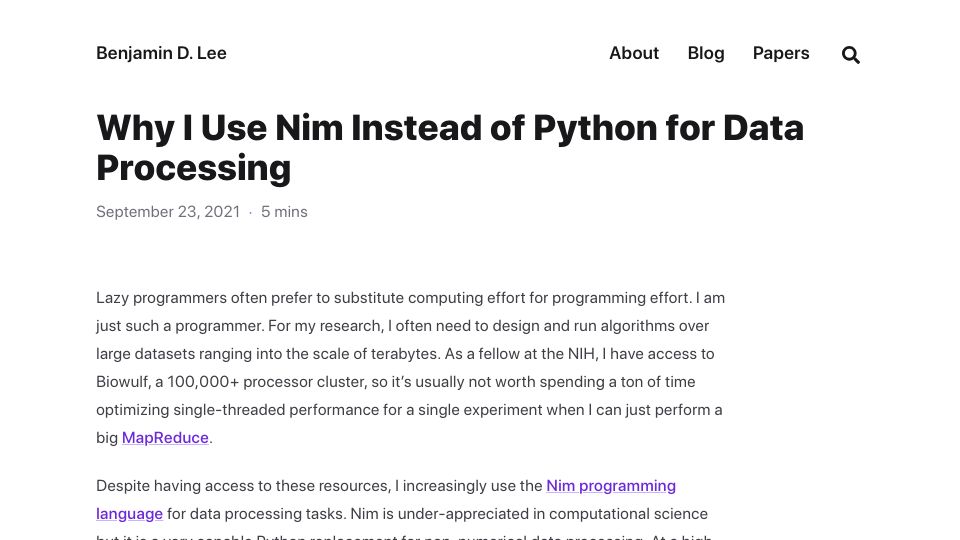 Screenshot of benjamindlee.com: I use Nim instead of Python for data processing (2021)