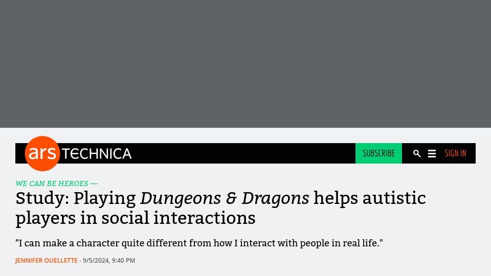 Screenshot of arstechnica.com: Study: Playing D&D helps autistic players in social interactions