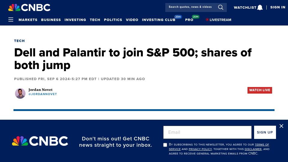 Screenshot of cnbc.com: Dell and Palantir to join S&P 500; shares of both jump