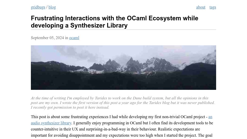 Screenshot of gridbugs.org: Frustrations with the OCaml ecosystem while developing a synthesizer library