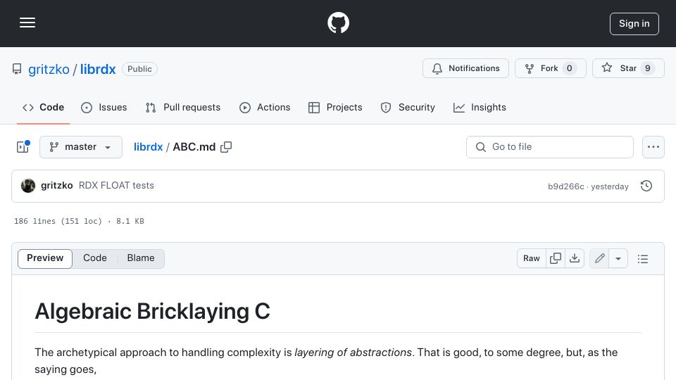 Screenshot of github.com: Handling complexity without abstraction: Algebraic Bricklaying C